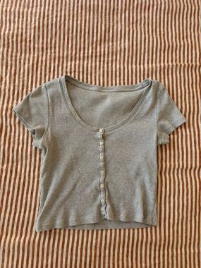 aerie Light Gray Ribbed Button-Front Crop Top